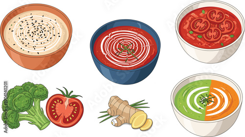 Set of healthy soup bowls featuring tomato soup pumpkin soup and green pea soup with fresh ingredients like broccoli tomato and ginger on grey background