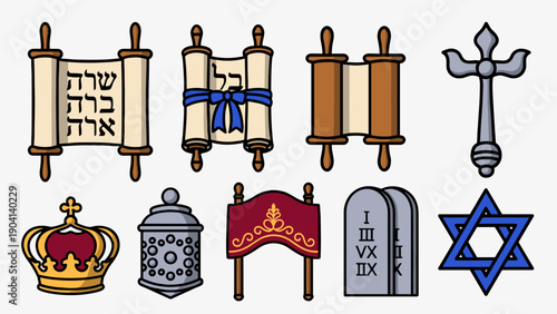 Traditional Jewish Symbols Vector Collection Including Torah Scroll Star of David Ten Commandments Tablets and Royal Crown for Hanukkah Holiday Celebration