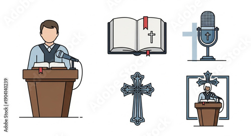 Religious Sermon Icons Collection Featuring Pastor Preaching and Holy Bible.