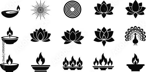 Diwali symbols silhouette set, diya lamp lotus peacock sacred icons collection, Indian festival religious vector illustration isolated on white background