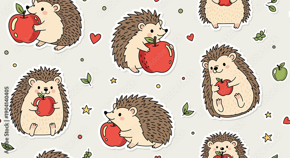 Obraz premium Cute Hedgehog with Apple Seamless Pattern - Adorable Animal Illustration