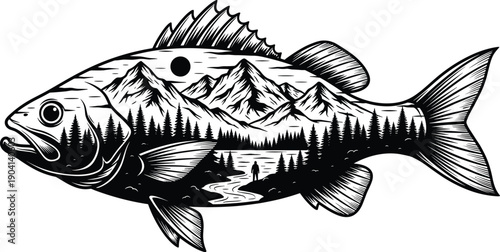 Fish landscape illustration, double exposure nature art with mountains forest river inside fish silhouette, black and white vector engraving isolated background