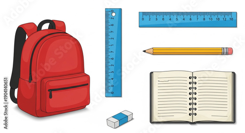 Red backpack and school supplies on white background.