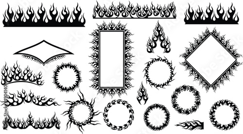 Flame border and fire frame elements set, blazing decorative shapes for hot backgrounds, logos, stickers, tattoos and graphic design projects