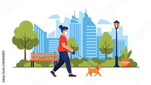Woman wearing a white medical face mask walks her small brown dog in a scenic city park with skyscrapers behind her.