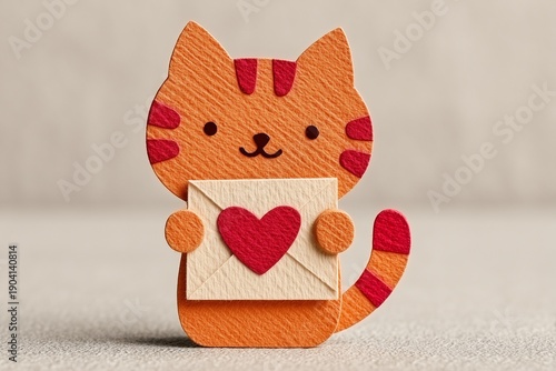 Cute orange cat paper craft cutout holding a small love letter envelope with a red heart, symbolizing affection, friendship, and handmade greetings for special occasions