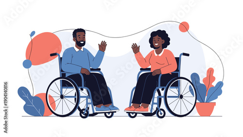 Friendly man and woman in wheelchairs wave at each other against a soft abstract background in a social setting.