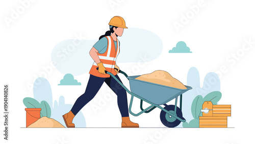 Construction worker wearing an orange safety vest and helmet pushes a wheelbarrow full of sand on a building site.