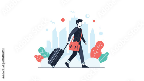 Businessman in casual attire walks through an urban city landscape while pulling a large black rolling suitcase.