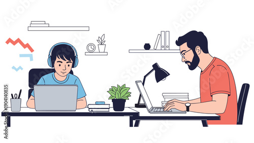 Two young men work diligently on their laptops at separate desks in a modern home office with shelves and plants.