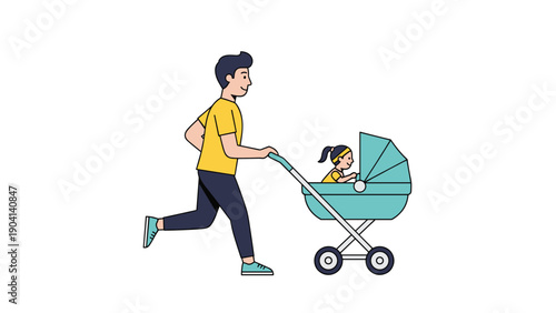 Active father in a yellow t-shirt goes for a run while pushing his child in a modern teal baby stroller outdoors.