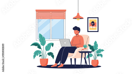 Man relaxedly sits in a cozy armchair while using his laptop in a bright living room near a window with many plants.