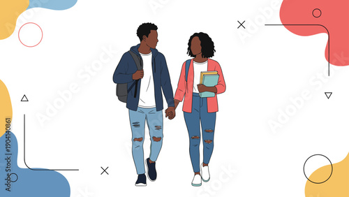 Young african american students walk together while holding hands and carrying books against a creative background.