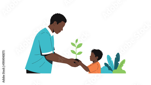 African american man and a young boy work together to plant a small green sapling in the soil with care and love.