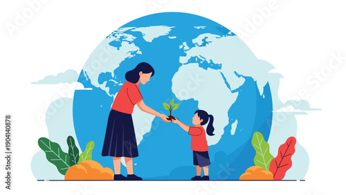Woman and a little girl plant a small sapling together in front of a giant globe representing environmental care.