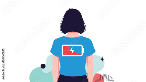 Back view of a woman wearing a blue t-shirt featuring a low battery icon showing urgent need for rest or recharge.