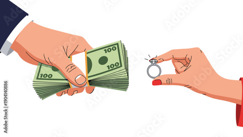 Hands reach towards each other as one person offers a large stack of cash in exchange for a glittering diamond ring.