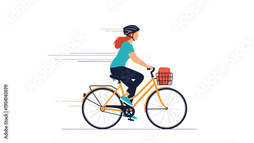 Woman wearing a safety helmet and sporty clothes rides her yellow bicycle fast along a path with motion blurs.