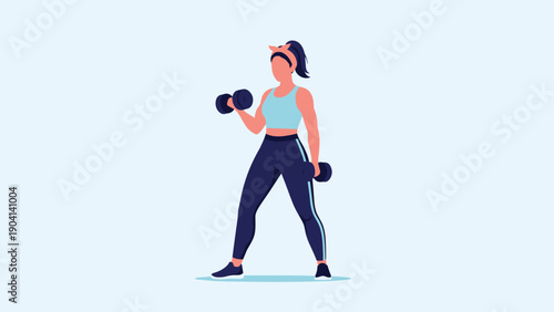 Strong athletic woman in gym wear performs bicep curls with dumbbells against a light blue background.