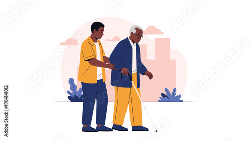 Kind young man assists an elderly blind man with a white cane to walk safely through a city street environment.