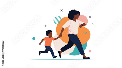 Busy african american mother holds her son's hand and runs while checking her watch against abstract shapes.