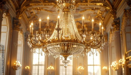 Ornate gold chandelier hangs in elegant, gilded room