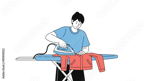 Young man focuses on ironing a red jacket on a blue ironing board against a simple white background.