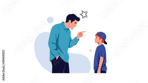 Angry father scolds his young son and points his finger during a difficult parenting moment or disciplinary conversation at home.