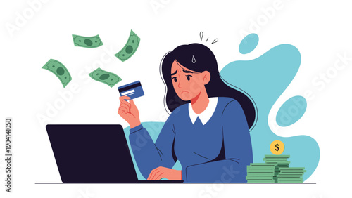 Worried young woman experiences financial stress while managing credit card bills and expenses on her laptop as money flies away.