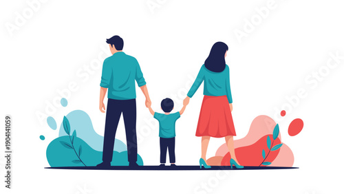 Young family including father mother and child stand together holding hands while looking away from the camera in a modern illustration.