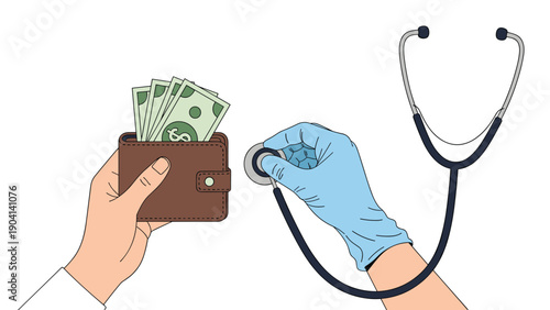 Hands hold a brown leather wallet filled with dollar bills next to a medical stethoscope representing rising healthcare costs and insurance.