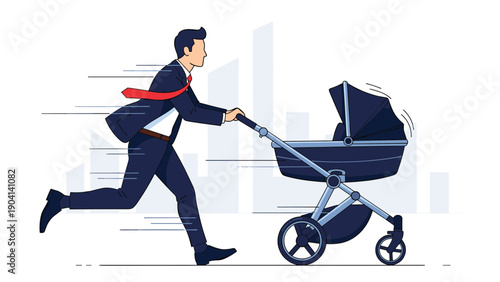 Busy businessman in a suit runs quickly while pushing a baby stroller illustrating the challenges of balancing professional work and parenting.
