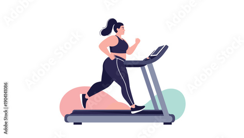 Active woman runs on a treadmill during a cardio workout session at the gym or home to improve her health and fitness levels.