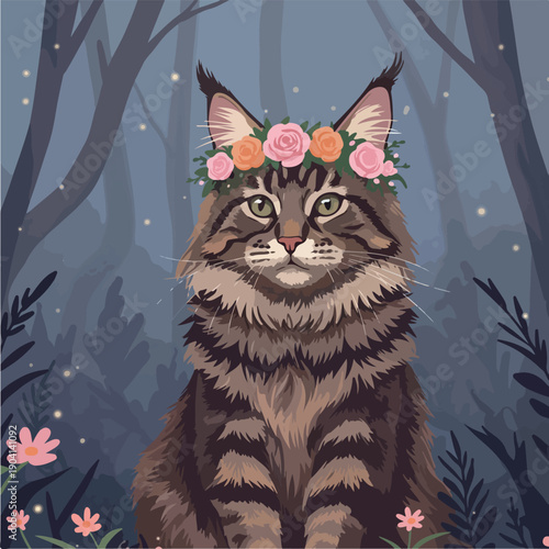 Maine Coon Cat Wearing Flower Crown in Dark Forest at Dusk Pixel Art