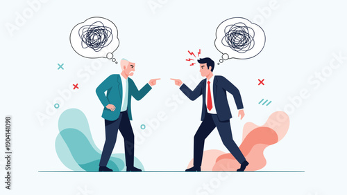 Older businessman and younger male colleague have a heated argument with angry speech bubbles during a corporate meeting or workplace conflict.