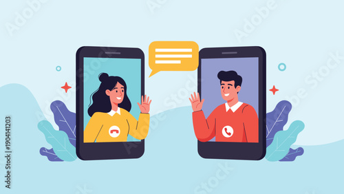Man and woman communicate through video calls on their smartphones showing the power of remote connection and digital communication technology.