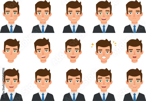 Man Character Different Emotions Flat Design Vector Icon Set On White