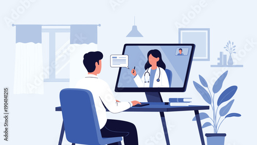 Patient has a remote medical consultation with a professional female doctor on a computer screen for telemedicine and healthcare advice.
