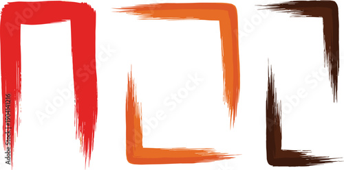 Hand painted brush frame corners set, rough square borders in red orange brown for posters, banners and graphic design projects
