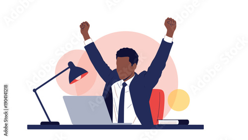 Successful businessman celebrates a major achievement by raising his arms in joy while sitting at his desk with a laptop at night.