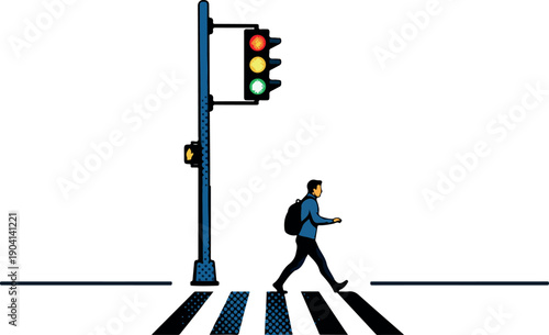 Man Crossing Street Pedestrian Traffic Light Vector
