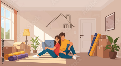 Happy Couple Dreaming of Their Future Home, Sitting Among Moving Boxes in a New Apartment, Symbolizing New Beginnings and Shared Life Goals