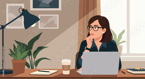 Focused woman working from her home office desk, contemplating ideas and planning strategies for her projects, embodying remote work and productivity