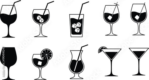 Set of minimalist black silhouette icons for various beverages including cocktails wine glasses with ice cubes and martini glasses on grey background