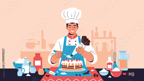 Skilled male chef in a traditional white hat and apron carefully decorates a chocolate cake with cream and fresh red cherries.