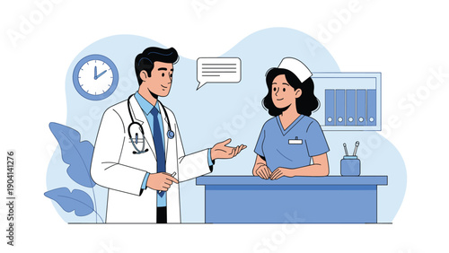 Male doctor in a white coat talks to a female nurse behind a hospital reception desk to coordinate patient care and hospital operations.