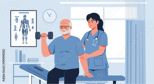 Senior man undergoing physical therapy, lifting a dumbbell with the assistance of a caring nurse, focusing on rehabilitation and regaining strength in a medical facility