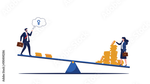 Businessman and businesswoman stand on a giant see-saw scale with money representing the ongoing challenge of gender pay gap in business.