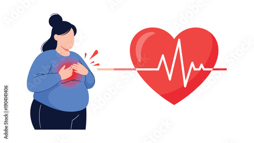 Overweight woman experiencing sudden chest pain shown with a red glowing area and a heartbeat line graphic on a white background.