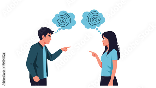 Angry man and woman pointing fingers at each other while arguing with confusing swirls in thought bubbles on a white background.